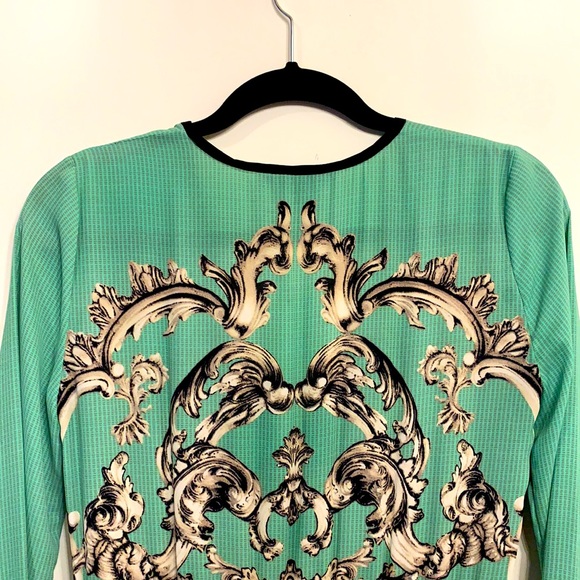 BCBGMaxAzria Size XS Trompe L’oeil Print Mint Green V-Neck Dress - Picture 11 of 13